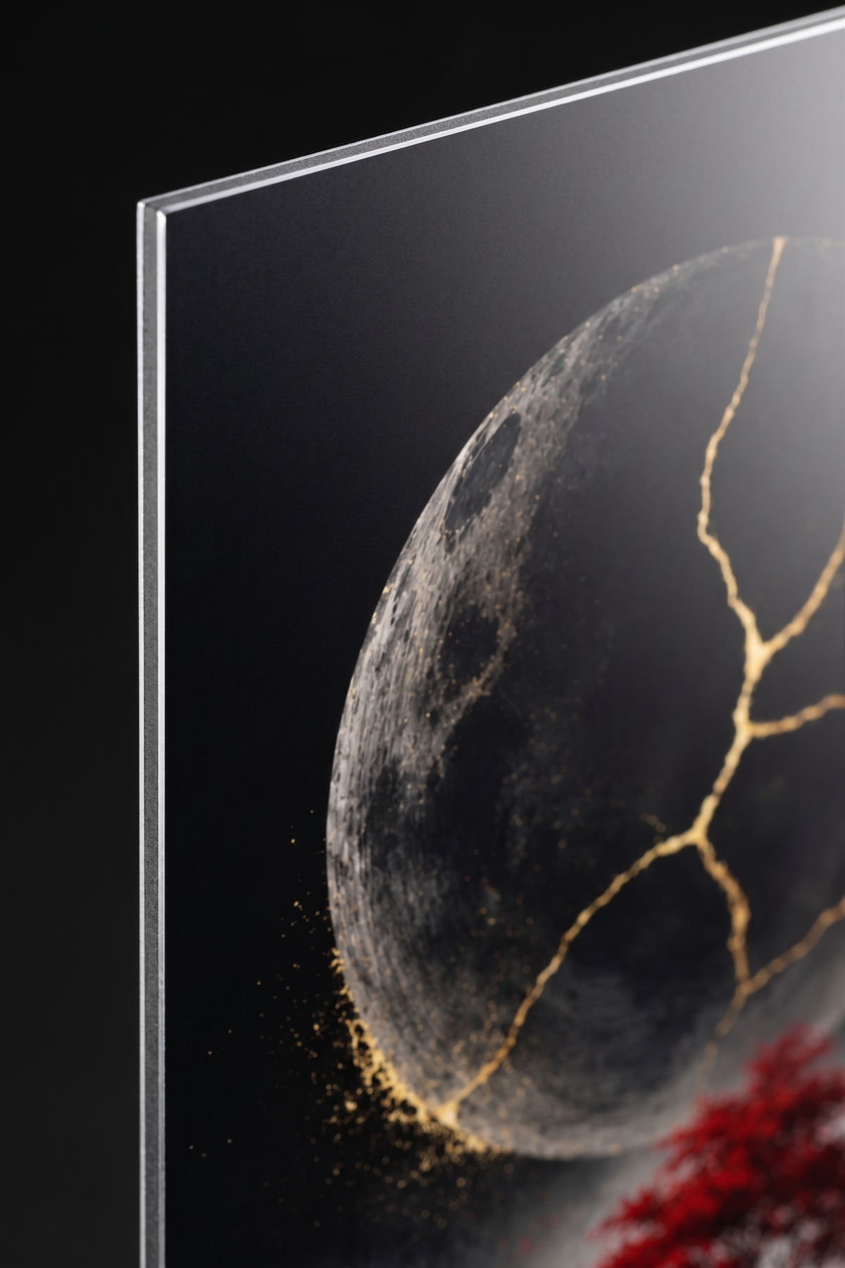 Kintsugi-Mond mit rotem Ahorn | Japanisches Alu-Dibond Wandbild
