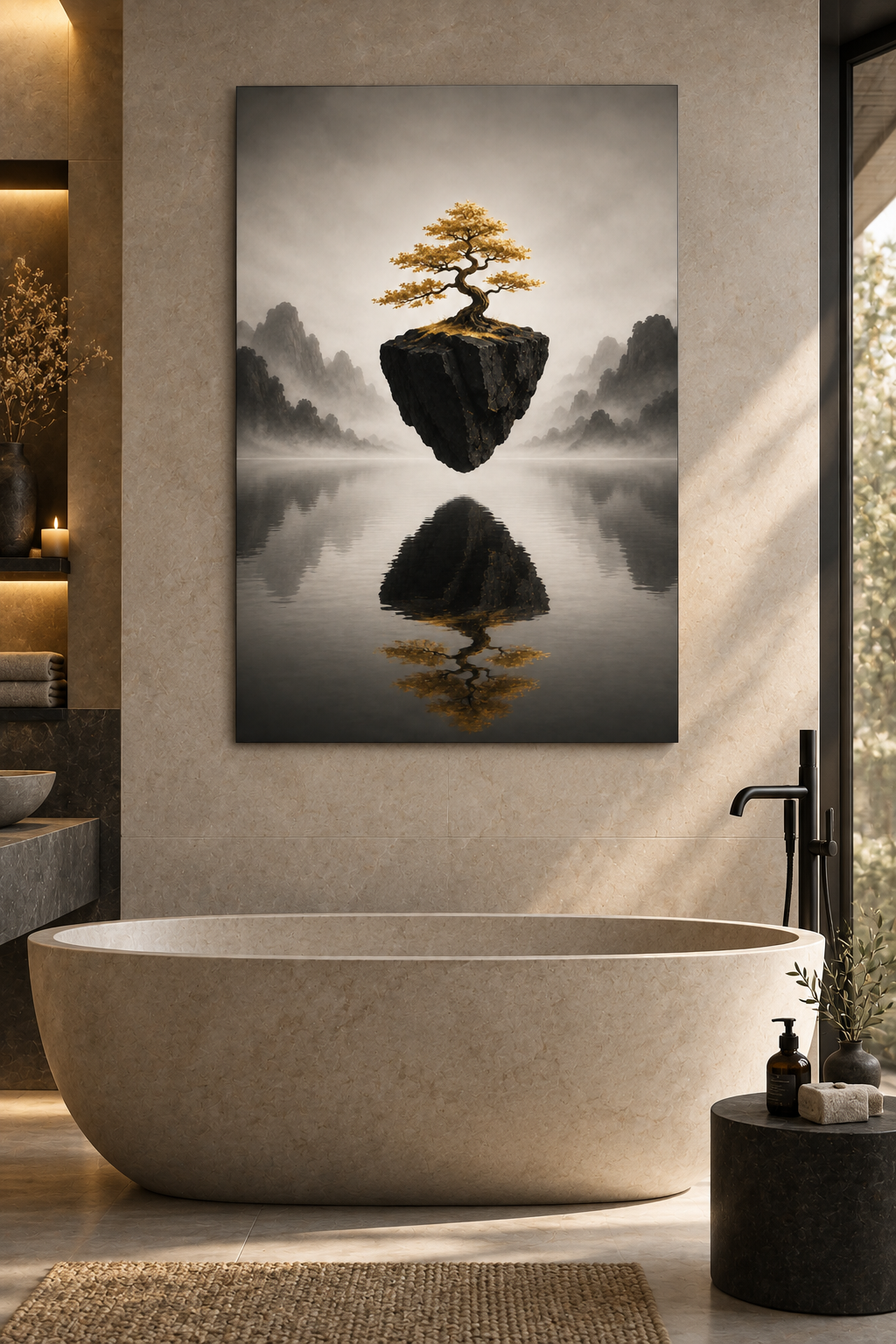 Goldener Bonsai auf schwebender Insel – Alu-Dibond Bild