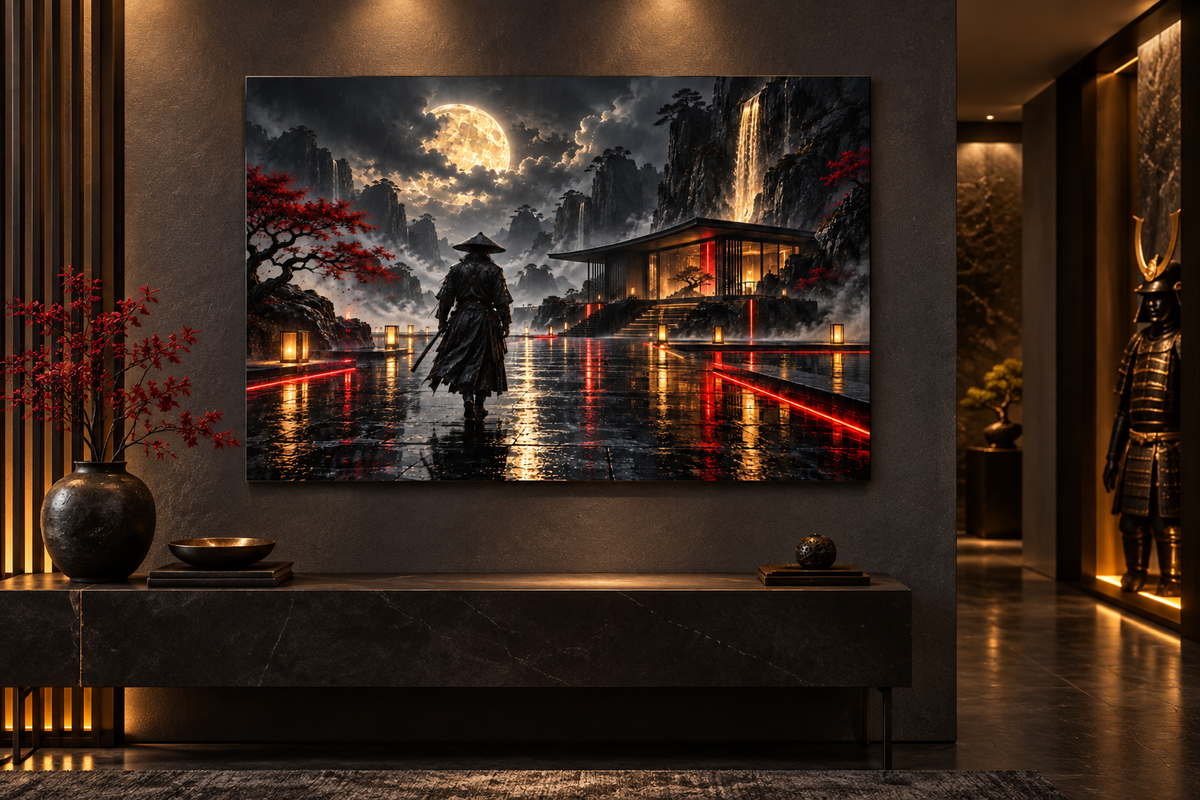 Ronin vor dem Neon-Pavillon – Alu-Dibond Wandbild Querformat