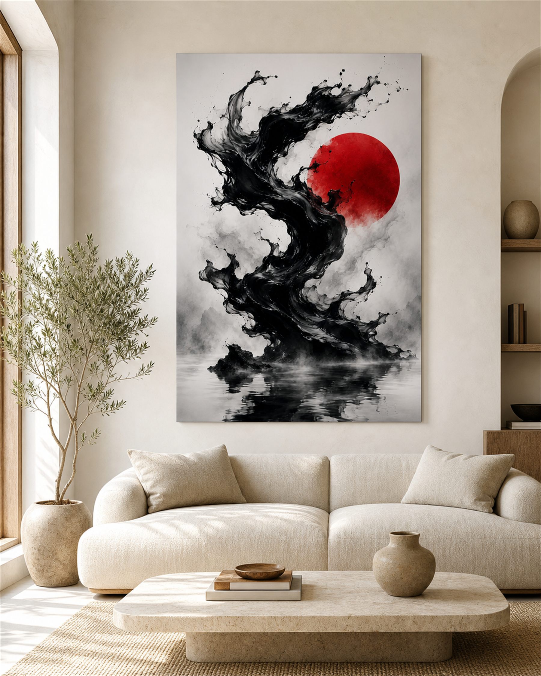 Japanische Tintenwelle mit roter Sonne | Alu-Dibond Wandbild