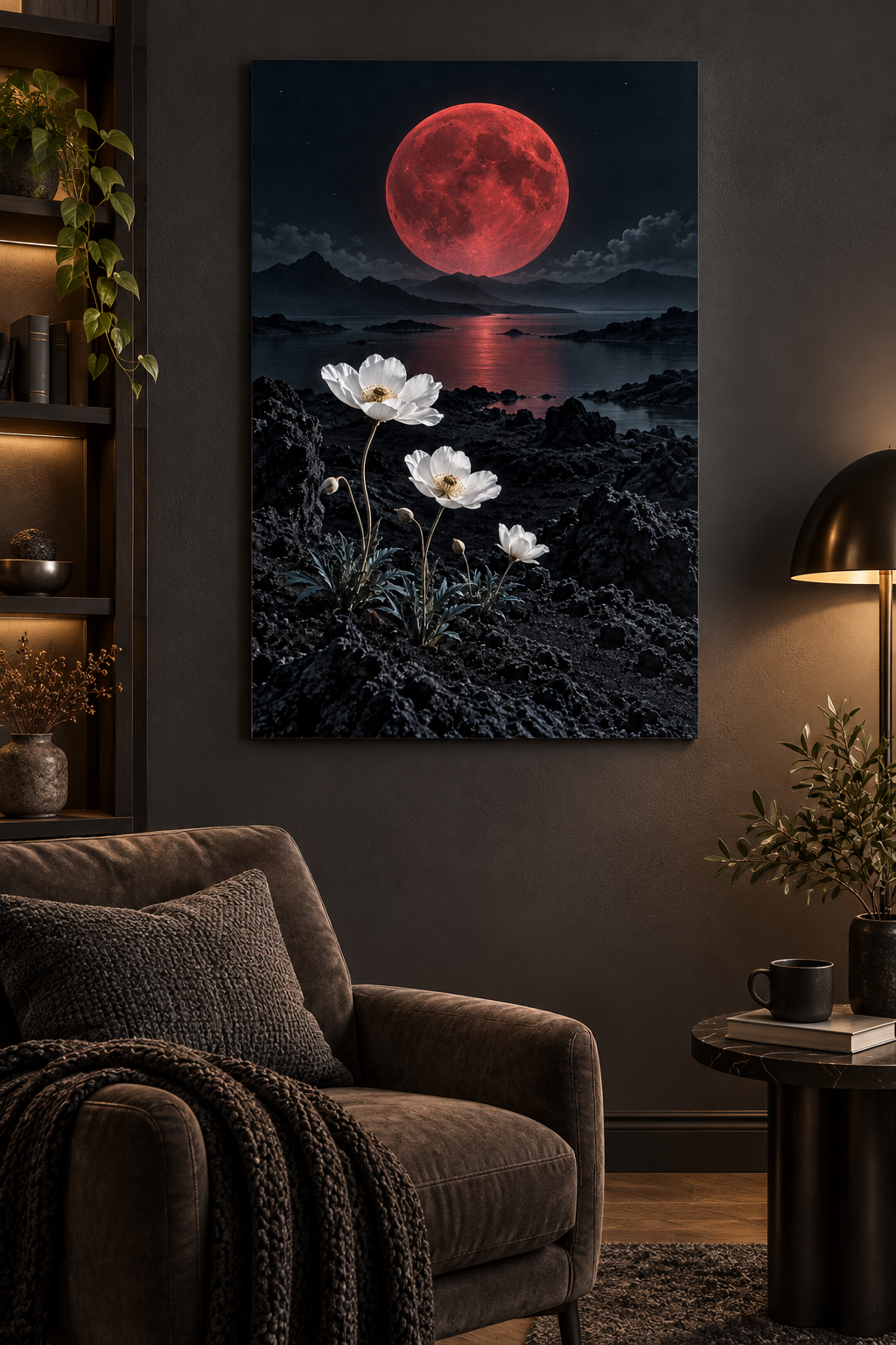 Roter Mond über weißen Blüten – Alu-Dibond Wandbild
