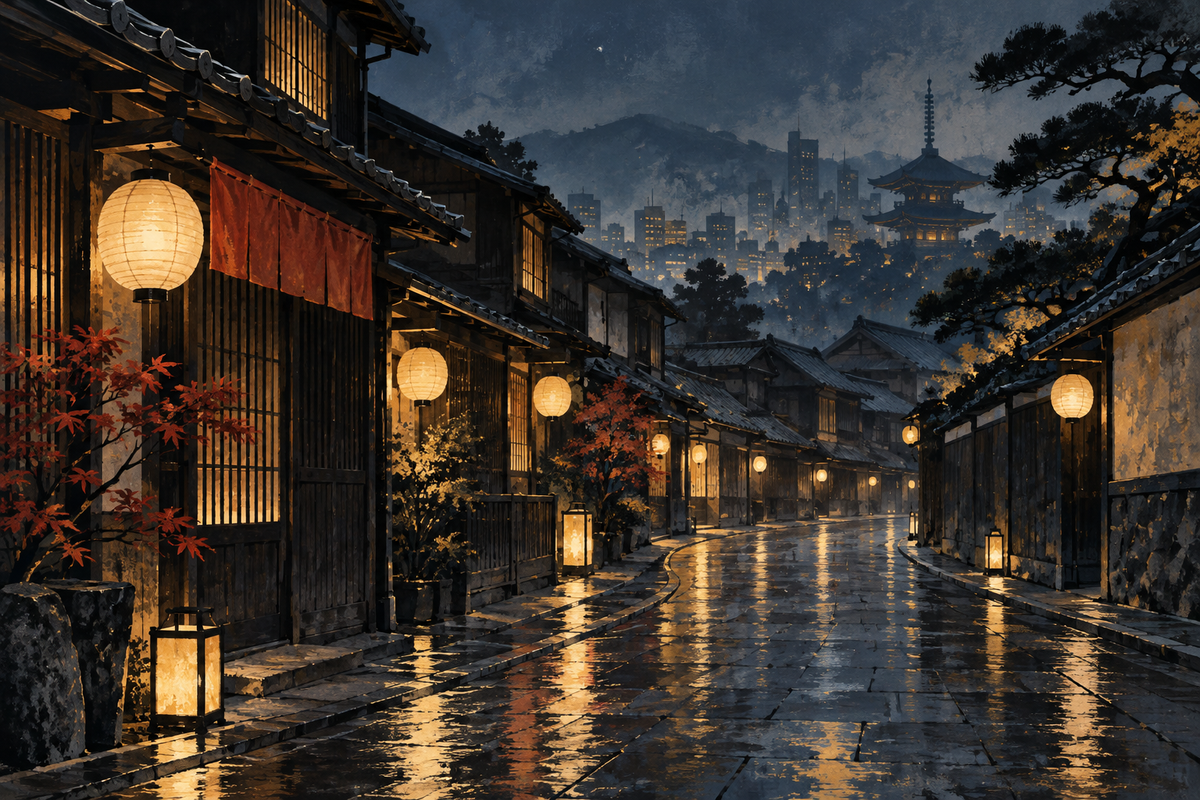 Laternengasse in Kyoto – Alu-Dibond Wandbild bei Nacht