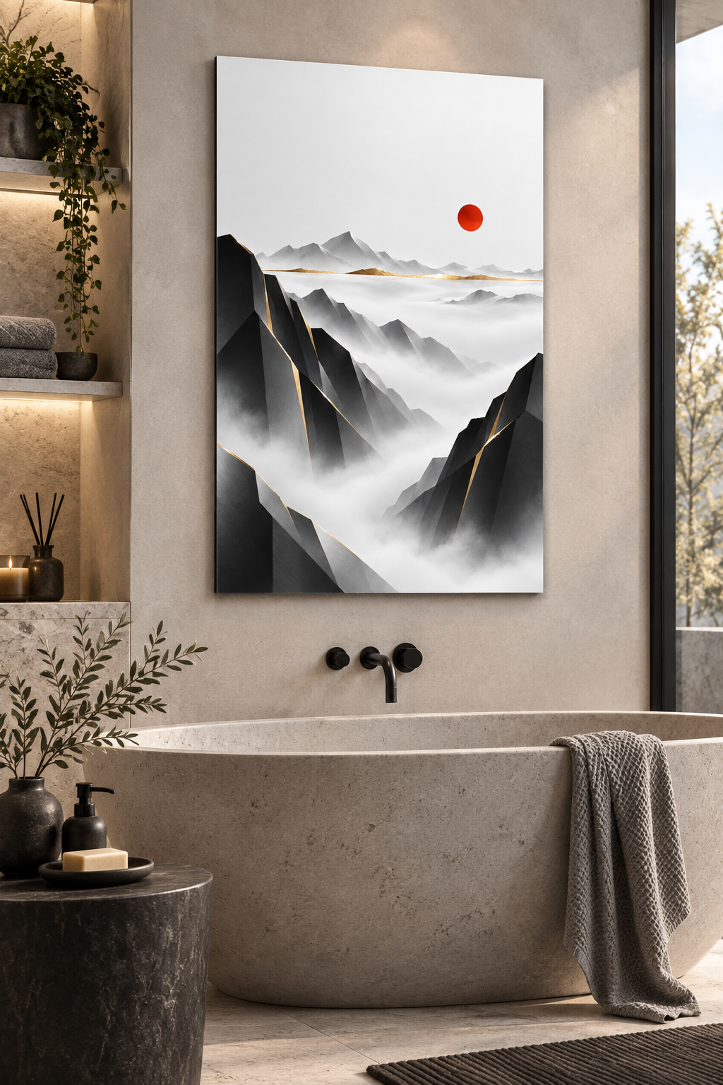 Berge im Nebel mit roter Sonne – Alu-Dibond Wandbild