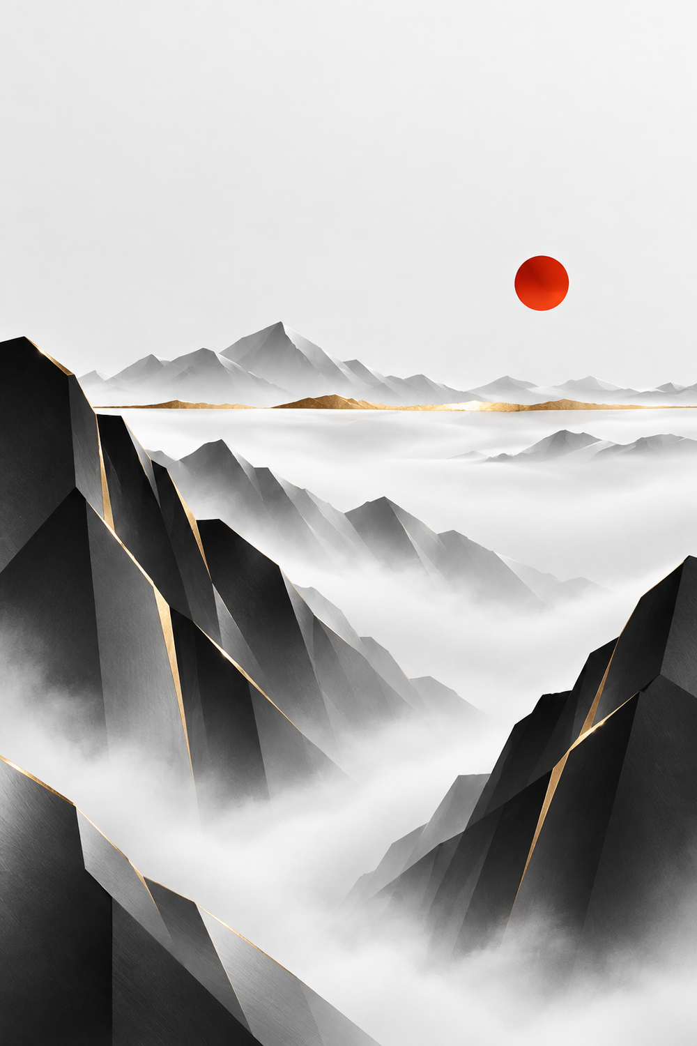 Berge im Nebel mit roter Sonne – Alu-Dibond Wandbild