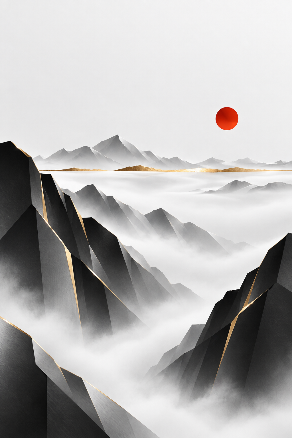 Berge im Nebel mit roter Sonne – Alu-Dibond Wandbild