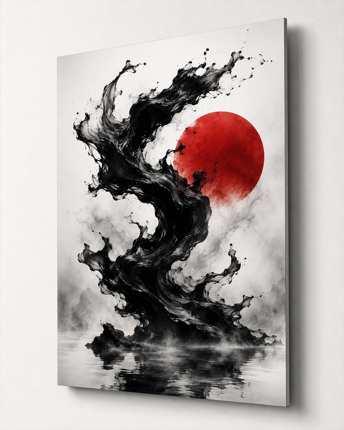 Japanische Tintenwelle mit roter Sonne | Alu-Dibond Wandbild