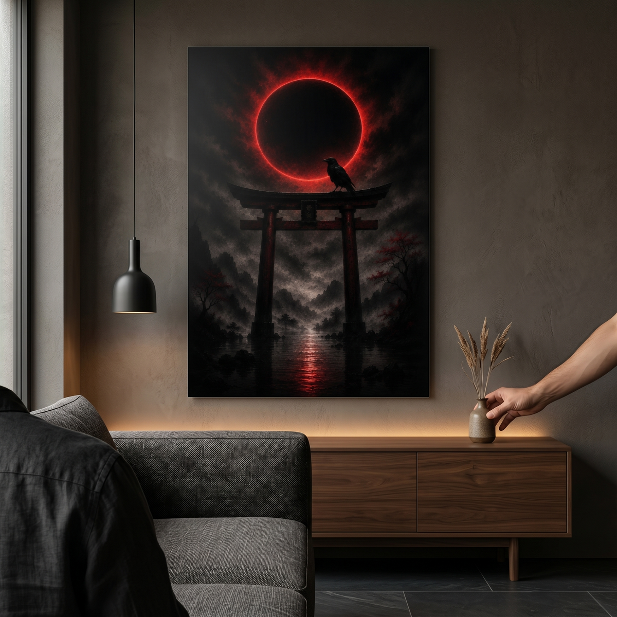 Torii-Tor bei Nacht mit Krähe | Blutmond auf Alu-Dibond