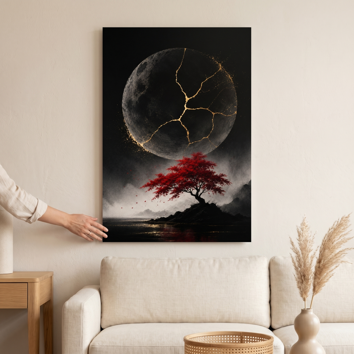 Kintsugi-Mond mit rotem Ahorn | Japanisches Alu-Dibond Wandbild