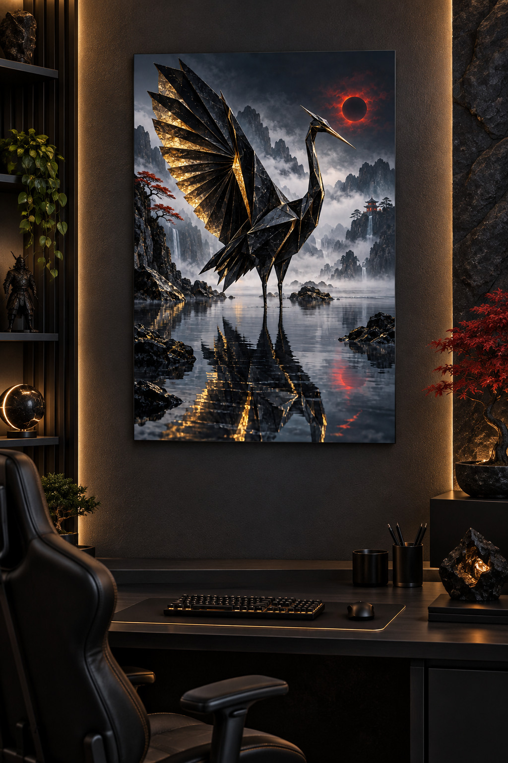 Origami-Kranich in Schwarz und Gold – Alu-Dibond Wandbild