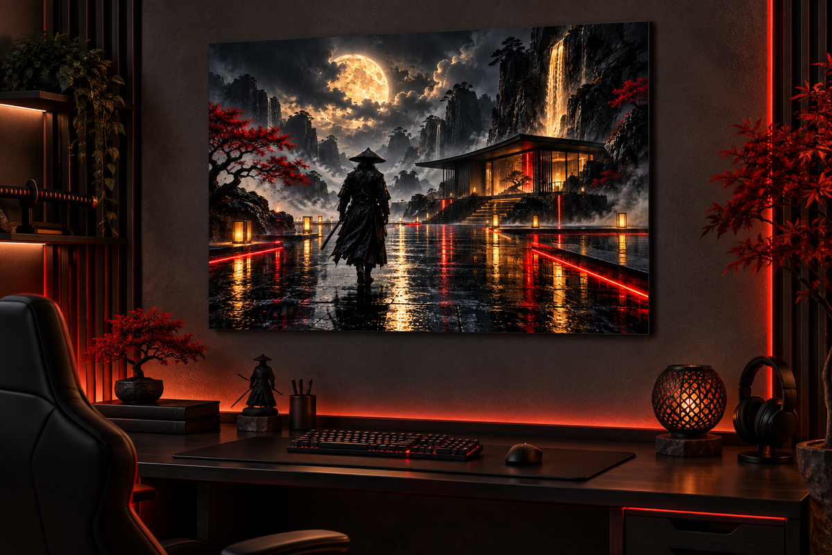 Ronin vor dem Neon-Pavillon – Alu-Dibond Wandbild Querformat