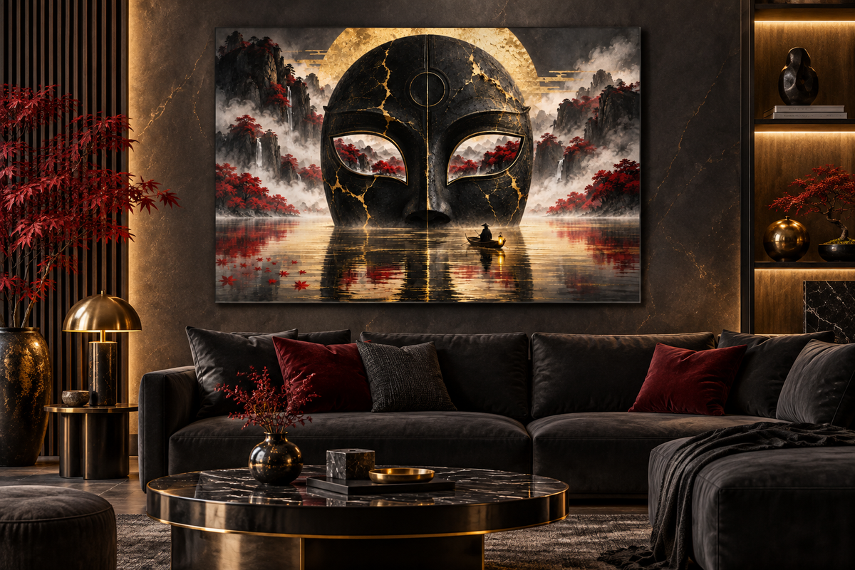 Versunkene Maske mit Kintsugi – Alu-Dibond Wandbild