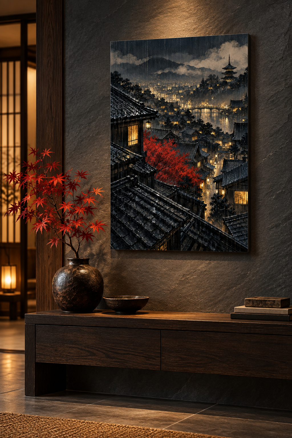 Japanische Dächer im Regen – Alu-Dibond Wandbild
