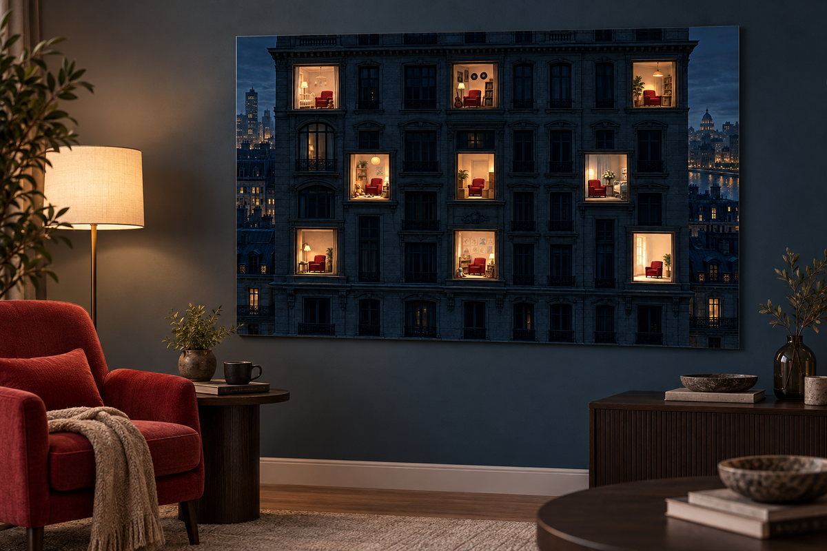 Neun Fenster mit rotem Sessel – Alu-Dibond Wandbild