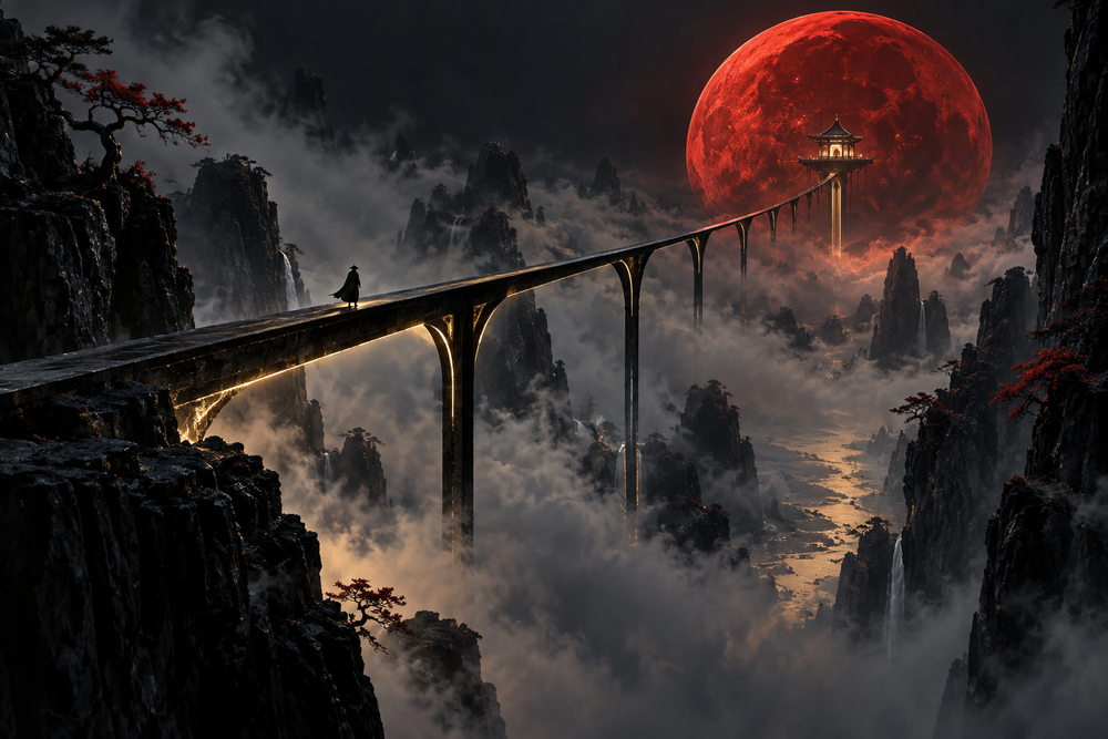 Brücke zum roten Mond – Alu-Dibond Wandbild Querformat