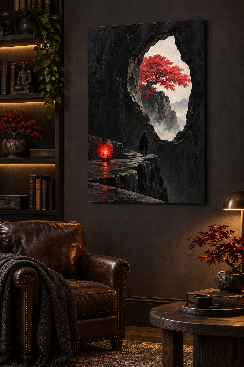 Roter Baum im Felsfenster – Alu-Dibond Wandbild Hochformat