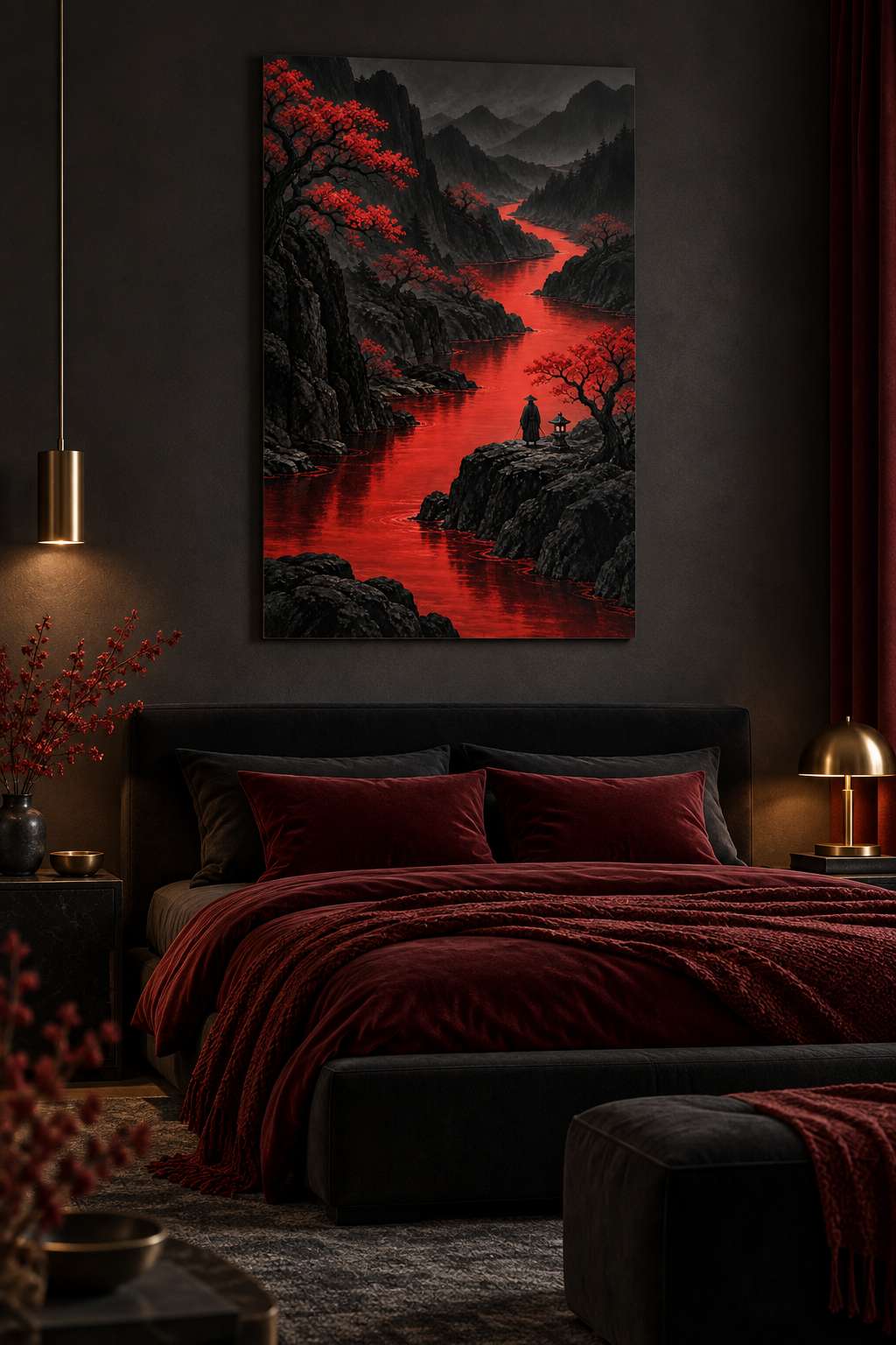 Roter Fluss durch schwarze Berge – Alu-Dibond Wandbild