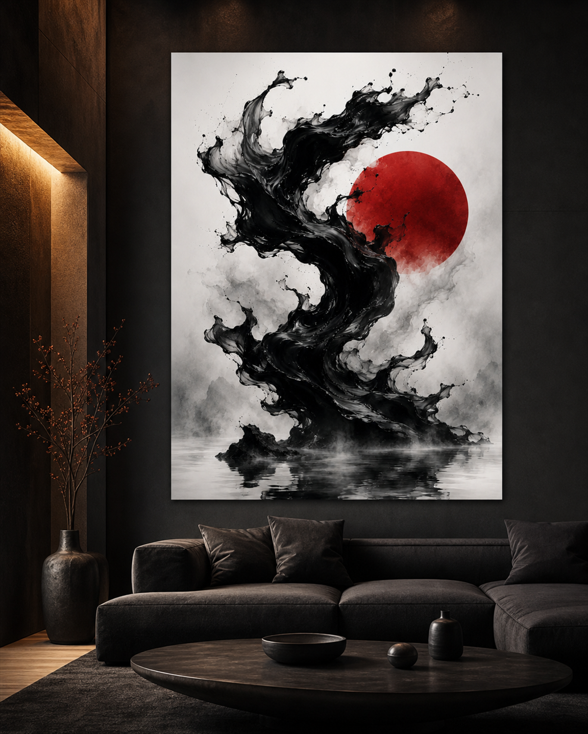 Japanische Tintenwelle mit roter Sonne | Alu-Dibond Wandbild