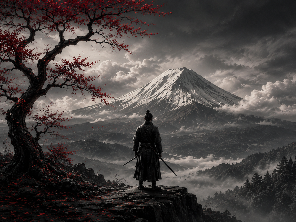Samurai vor dem Fuji in Schwarz-Weiß – Alu-Dibond Bild