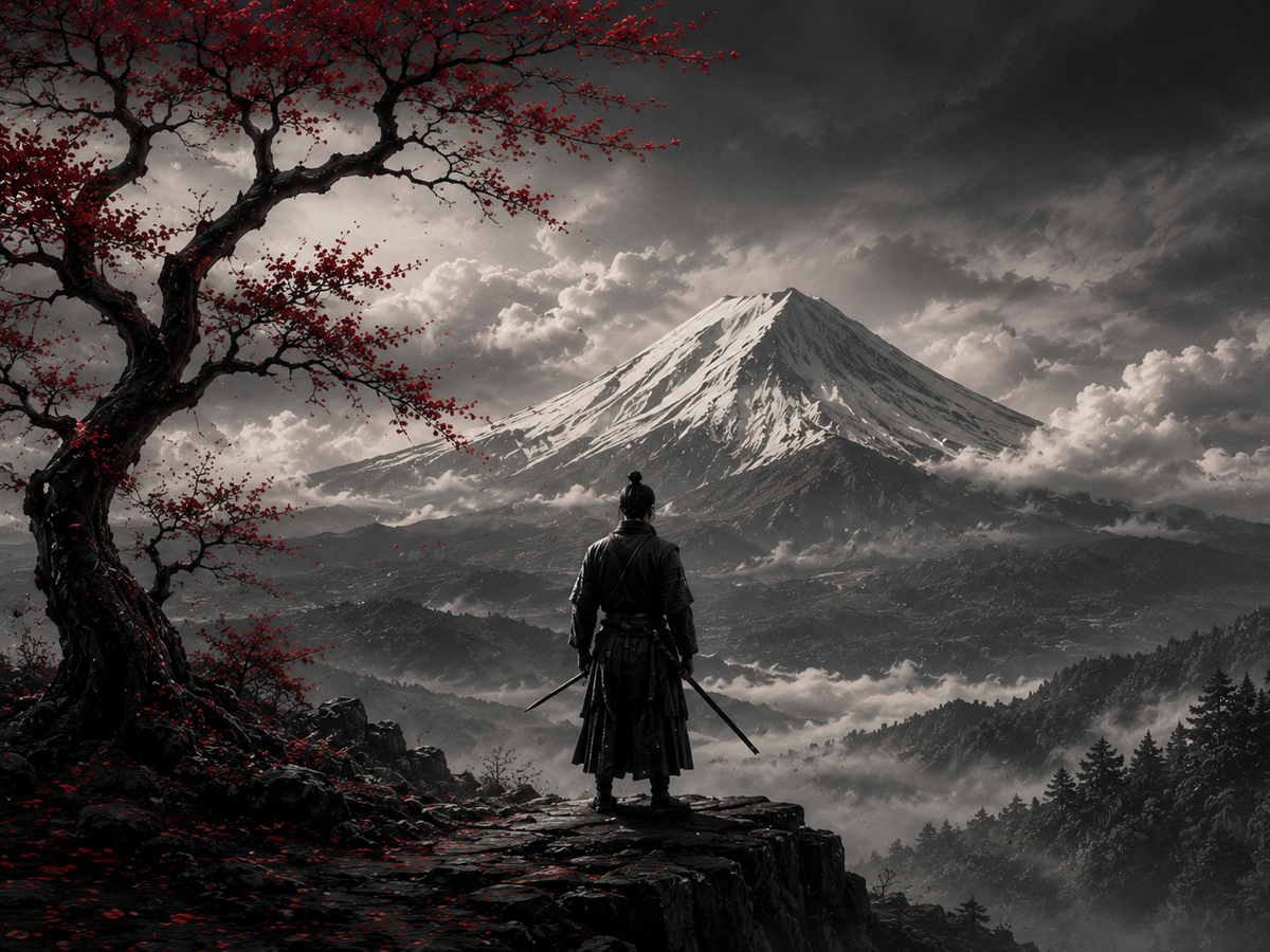 Samurai vor dem Fuji in Schwarz-Weiß – Alu-Dibond Bild