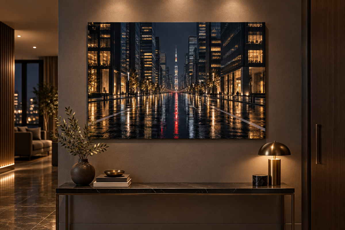 Nächtliche Allee mit Turm – Alu-Dibond Wandbild Stadt