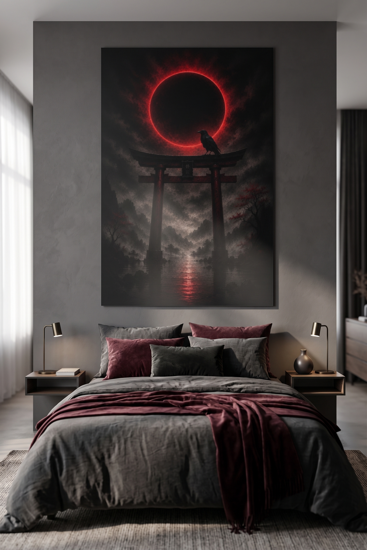 Torii-Tor bei Nacht mit Krähe | Blutmond auf Alu-Dibond