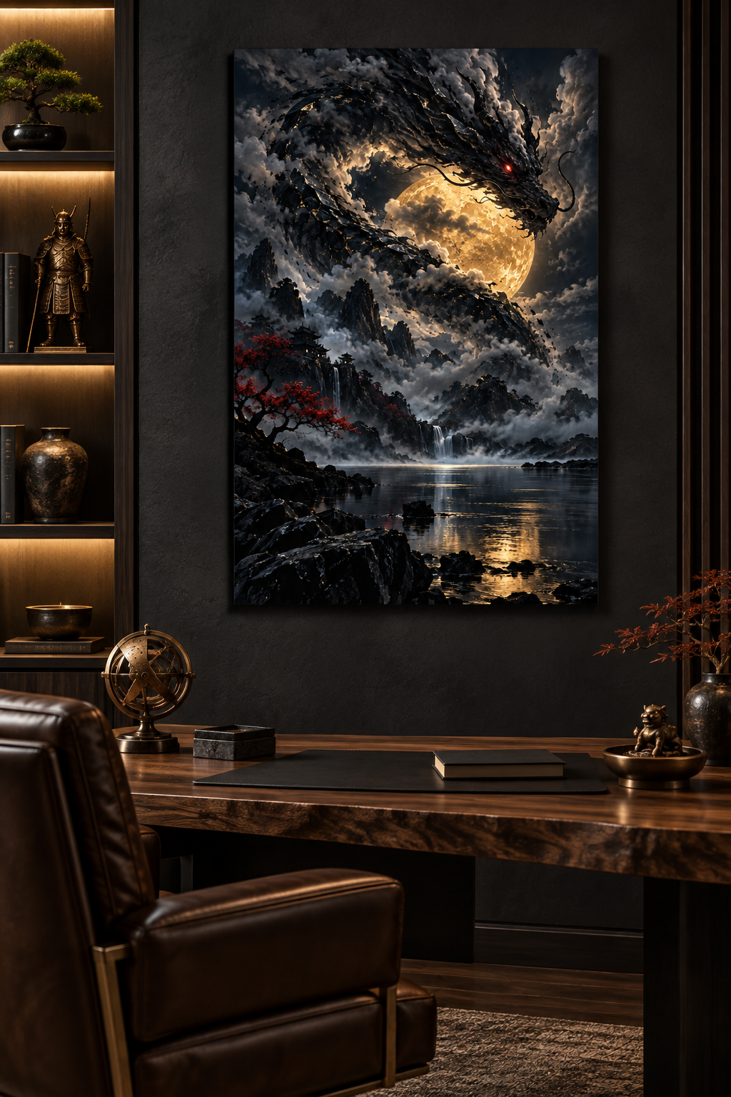 Wolkendrache vor goldenem Mond – Alu-Dibond Wandbild