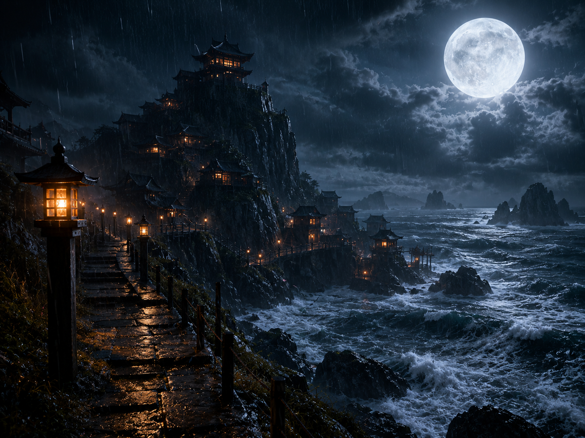 Klosterstadt am Meer bei Vollmond – Alu-Dibond Wandbild