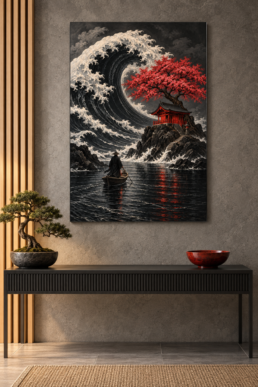 Welle und roter Schrein – Alu-Dibond Wandbild Hochformat