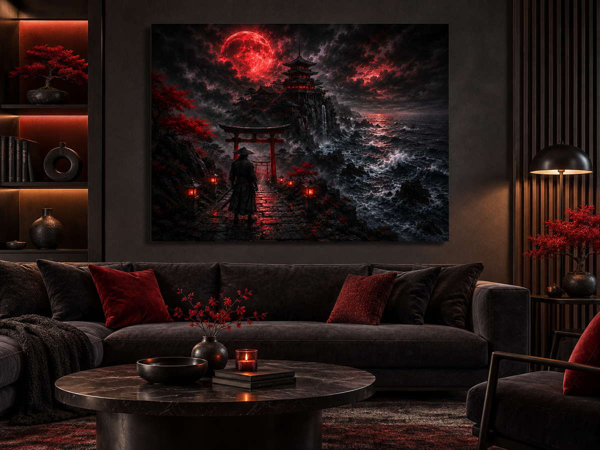 Samurai vor dem Torii im Blutmond – Alu-Dibond Wandbild