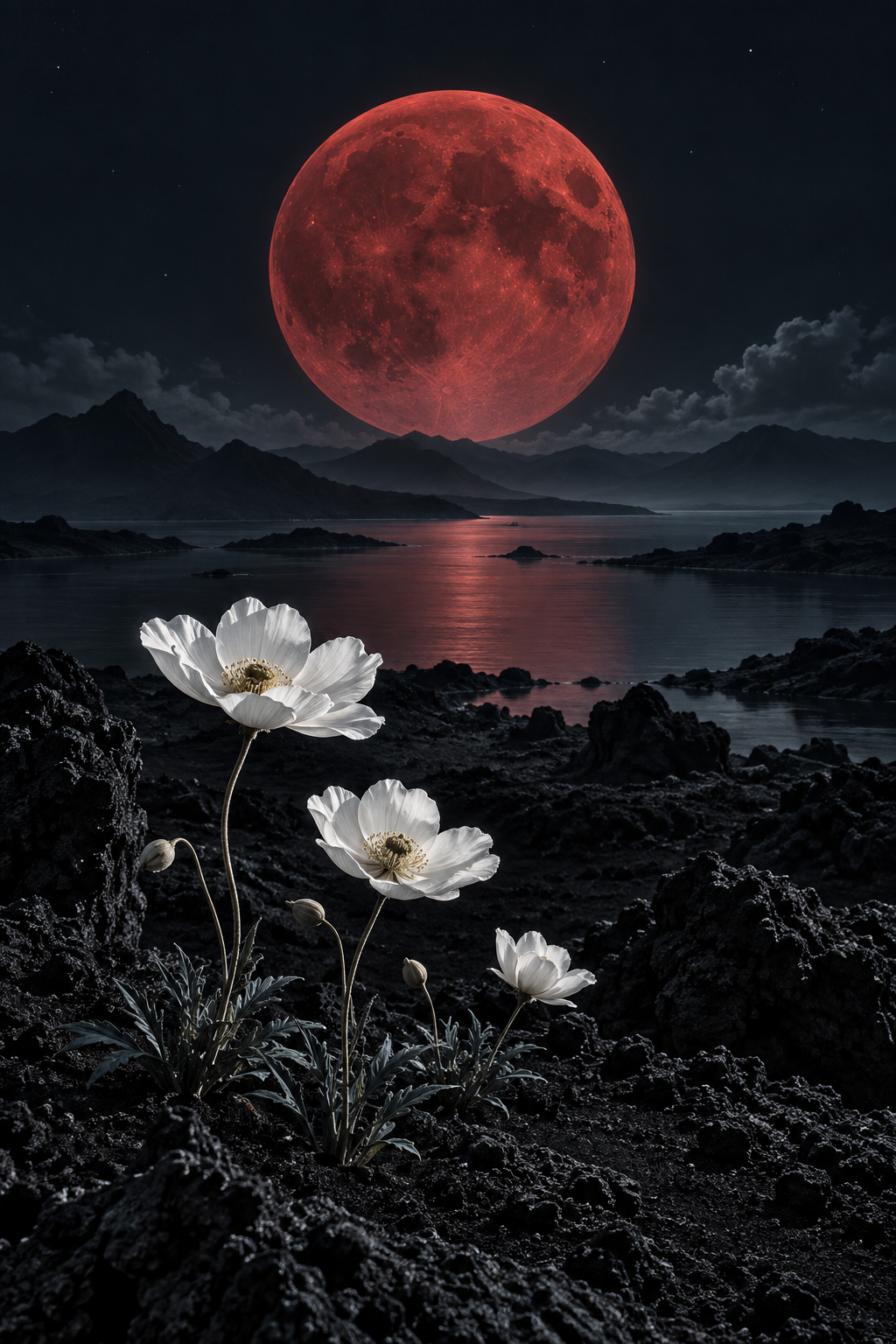 Roter Mond über weißen Blüten – Alu-Dibond Wandbild