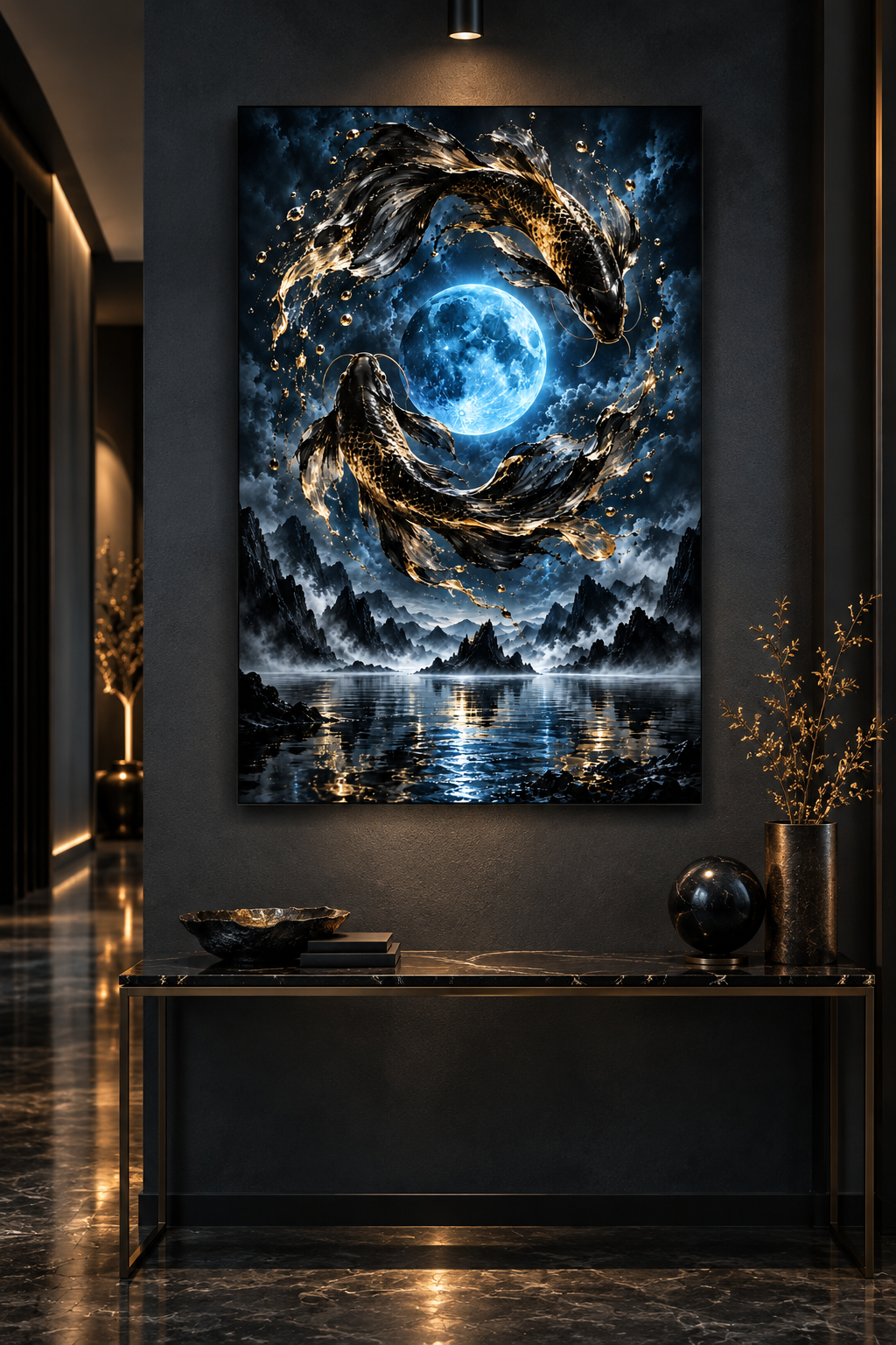Koi um den blauen Mond – Alu-Dibond Wandbild Hochformat