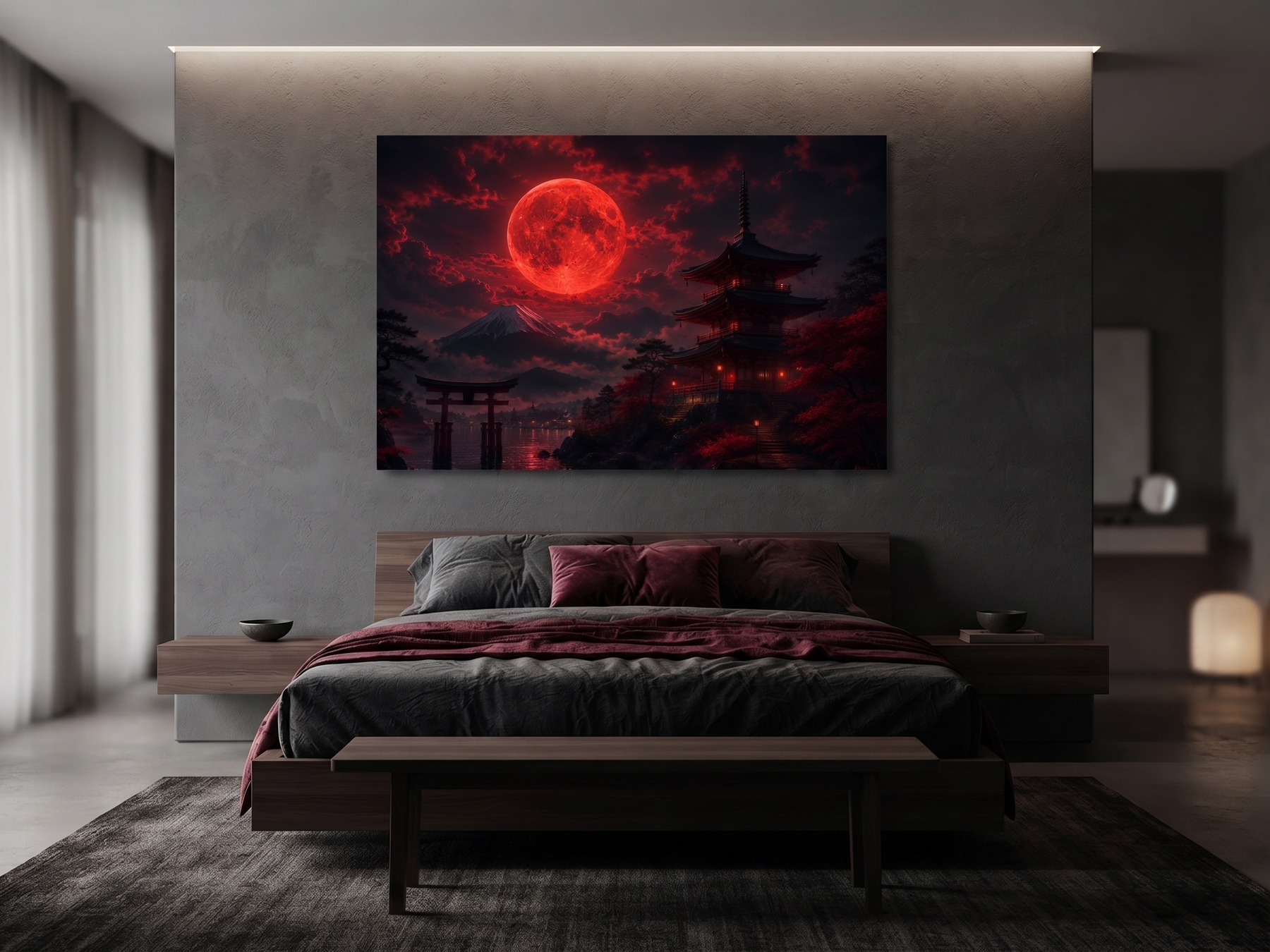 Japanischer Tempel mit Torii und Blutmond | Alu-Dibond