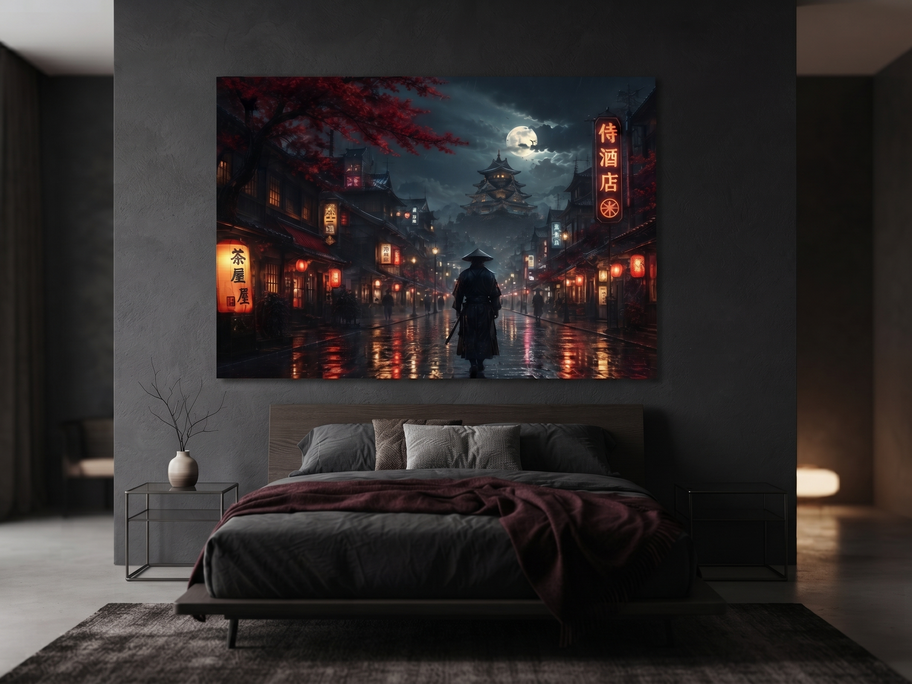 Japanischer Tempel bei Nacht | Blutmond Alu-Dibond Wandbild