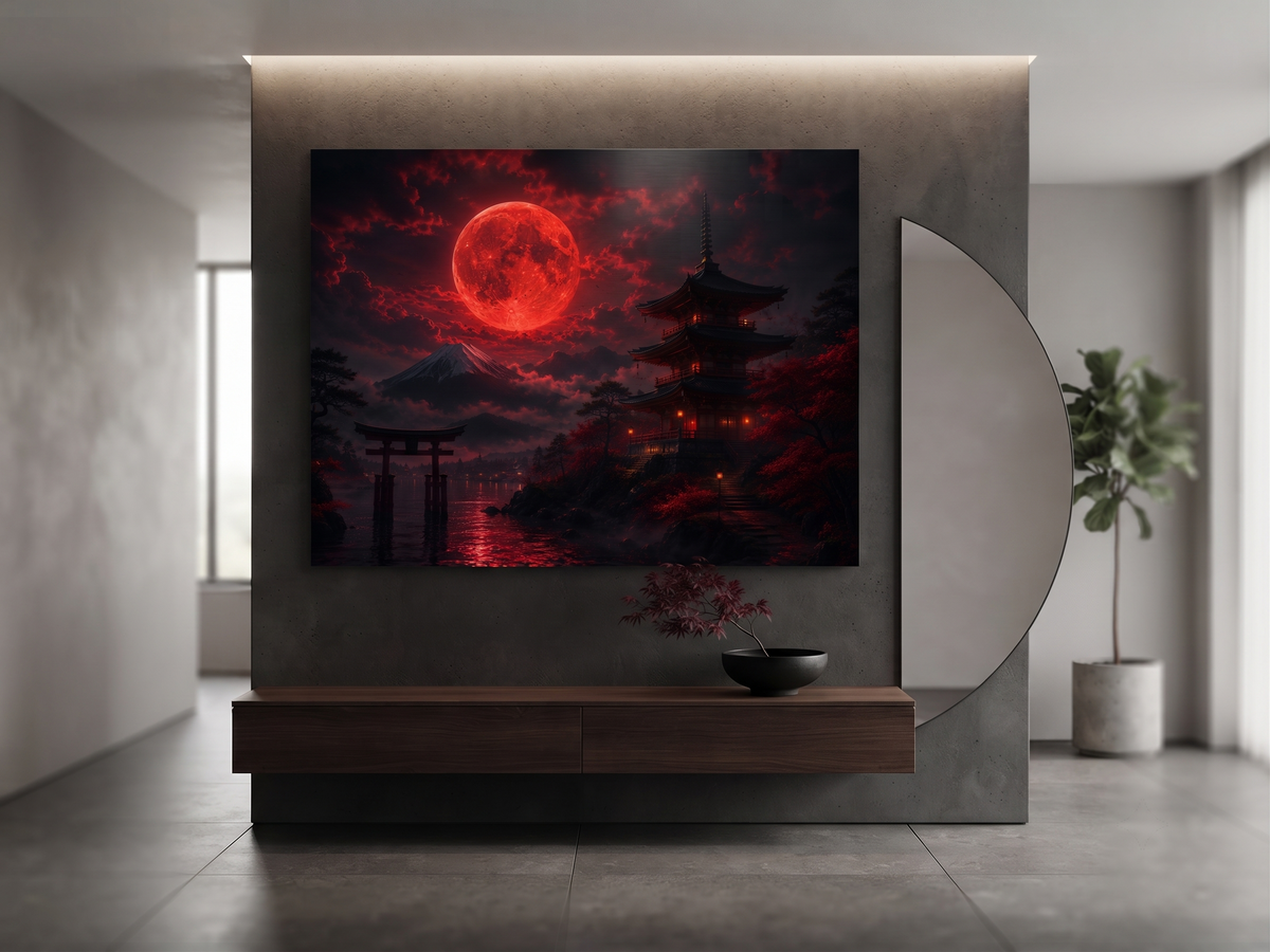 Japanischer Tempel mit Torii und Blutmond | Alu-Dibond