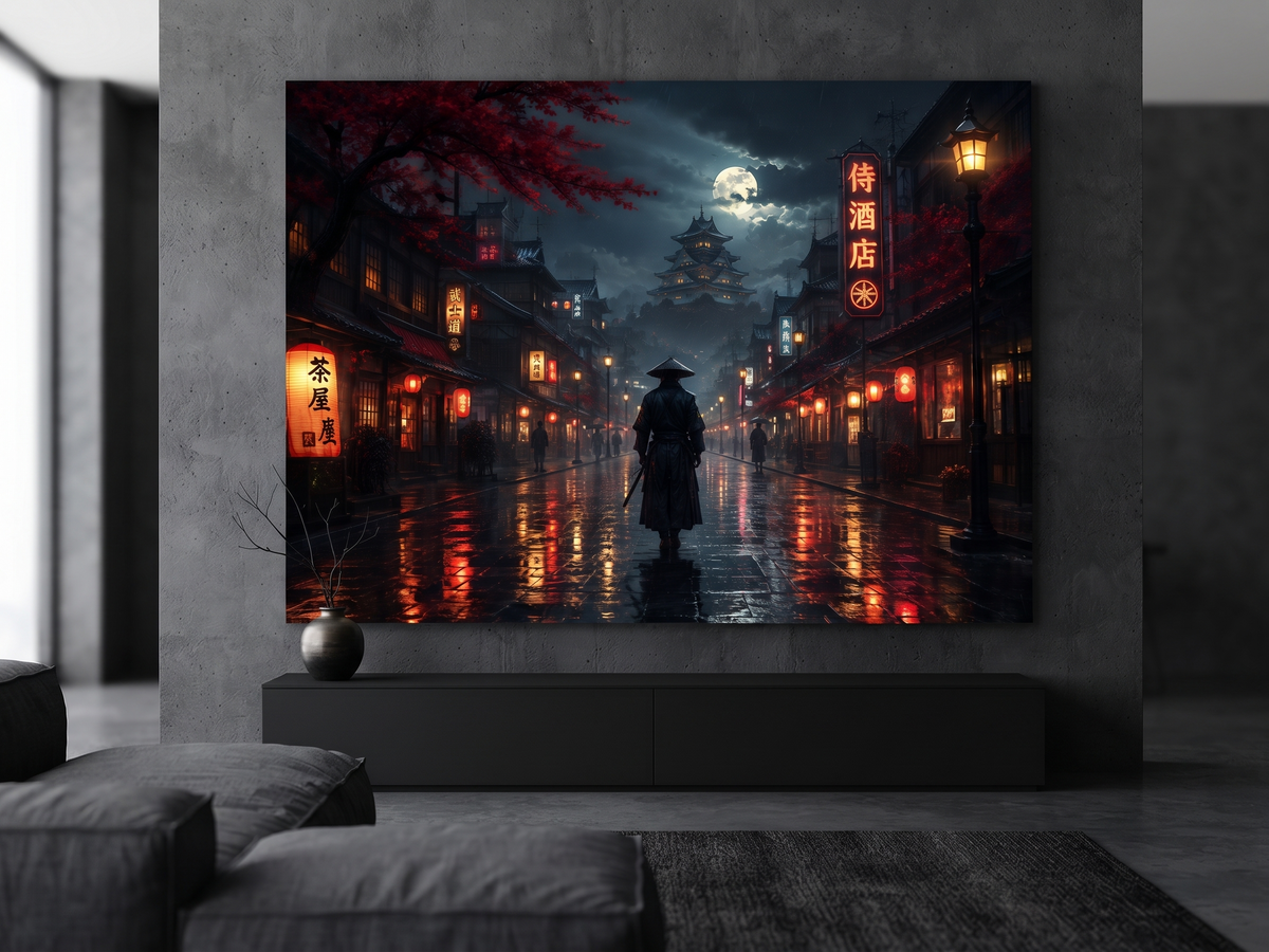 Japanischer Tempel bei Nacht | Blutmond Alu-Dibond Wandbild