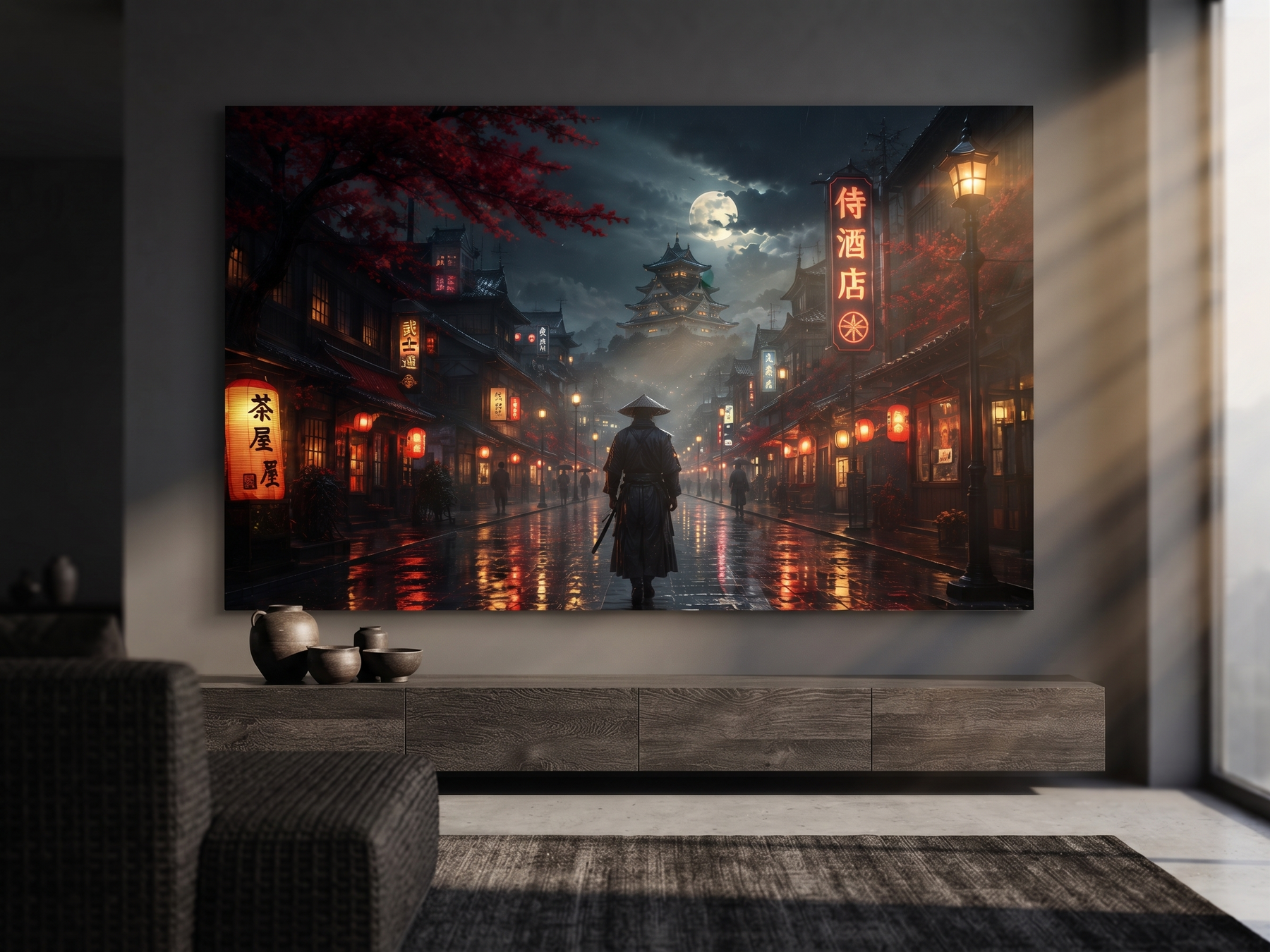 Japanischer Tempel bei Nacht | Blutmond Alu-Dibond Wandbild