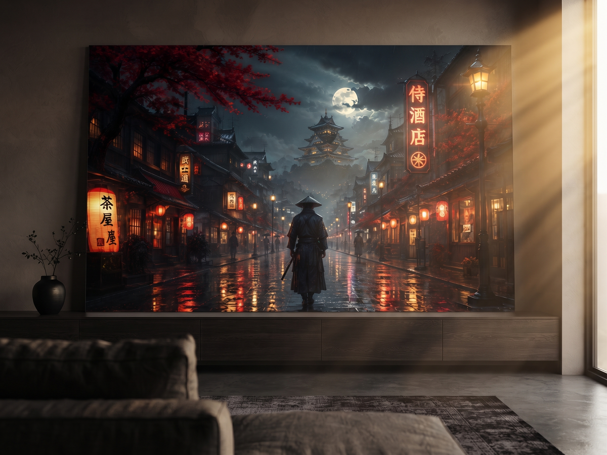 Japanischer Tempel bei Nacht | Blutmond Alu-Dibond Wandbild