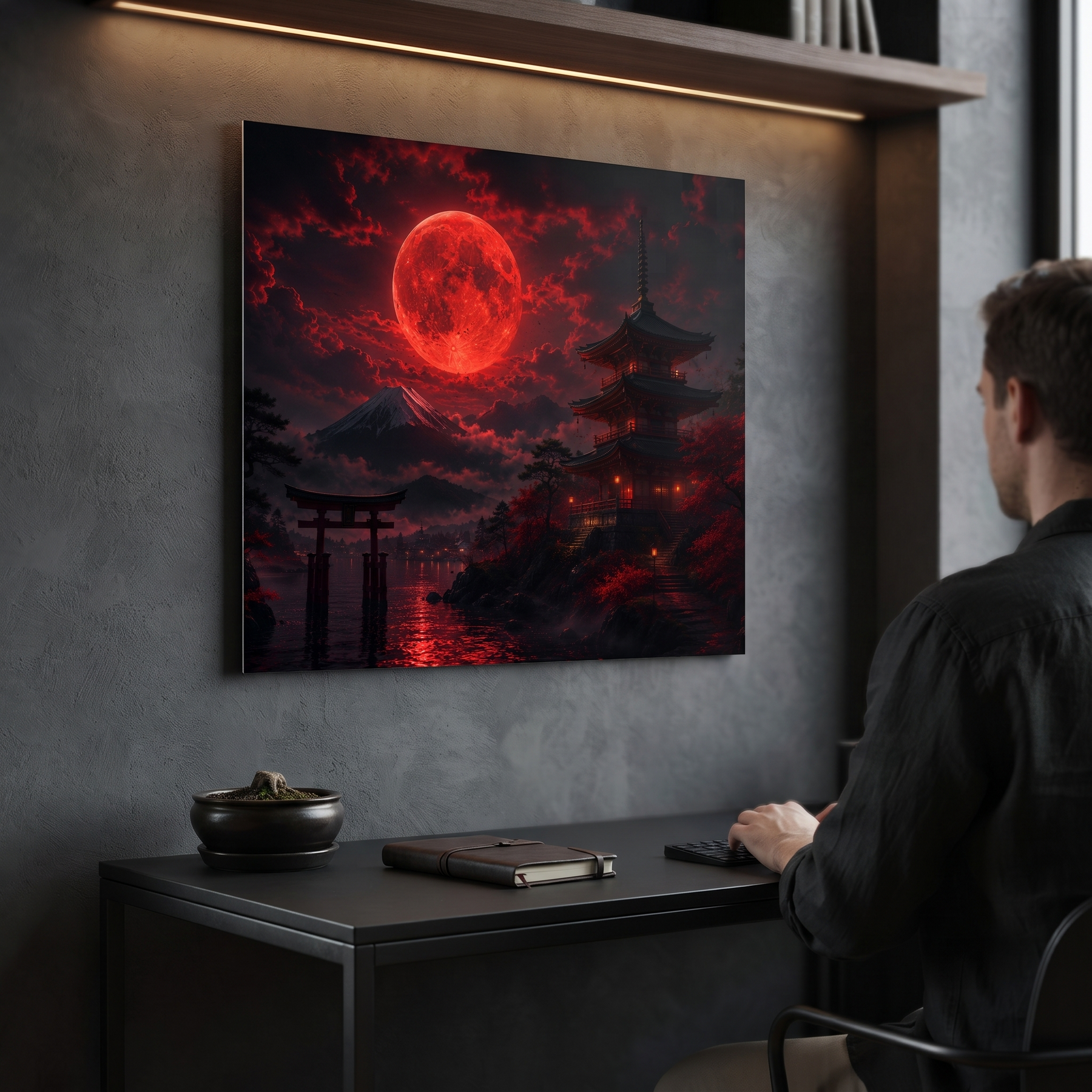 Japanischer Tempel mit Torii und Blutmond | Alu-Dibond