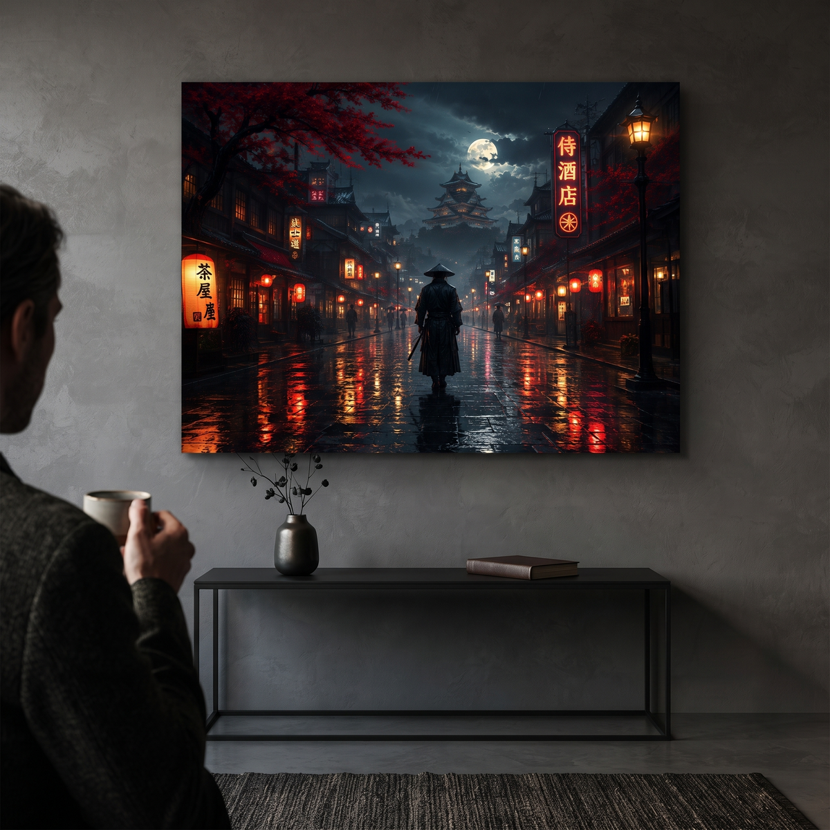 Japanischer Tempel bei Nacht | Blutmond Alu-Dibond Wandbild