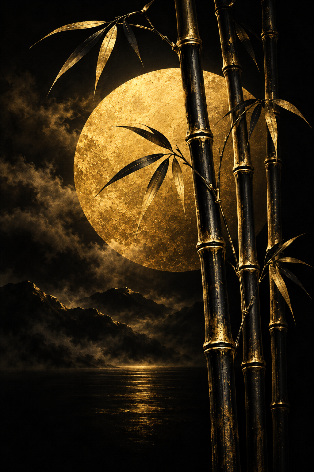 Bambus vor goldenem Mond – Alu-Dibond Wandbild Hochformat