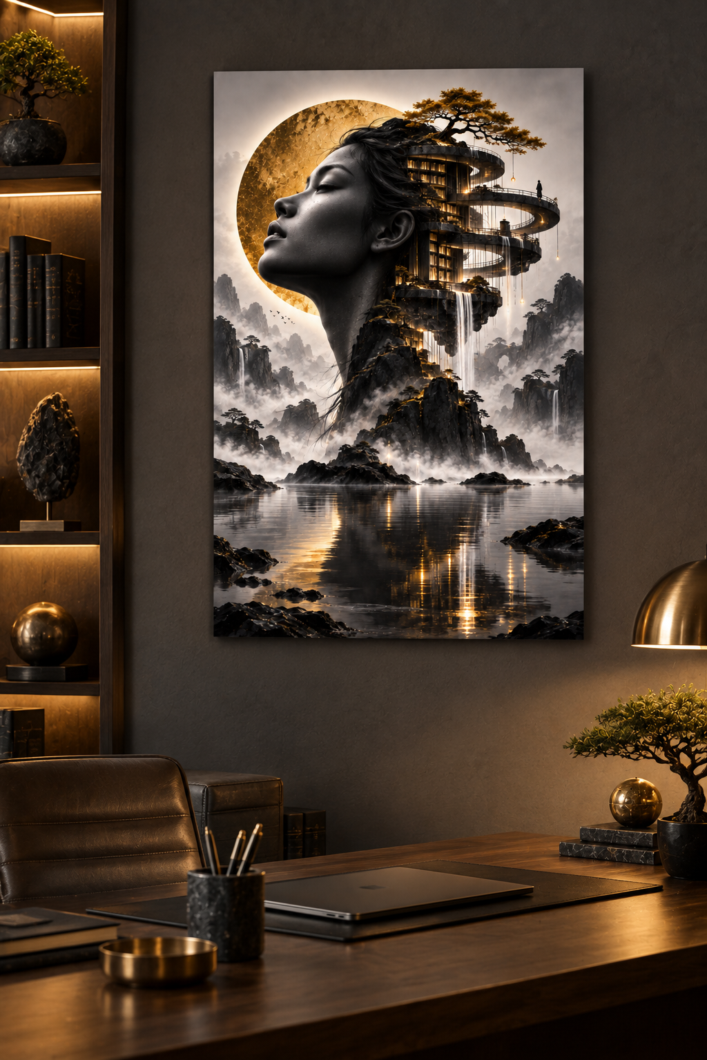 Gesicht als Bibliothek im Fels – Alu-Dibond Wandbild