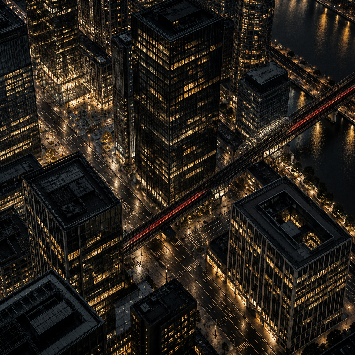 Stadt von oben bei Nacht – Alu-Dibond Wandbild quadratisch