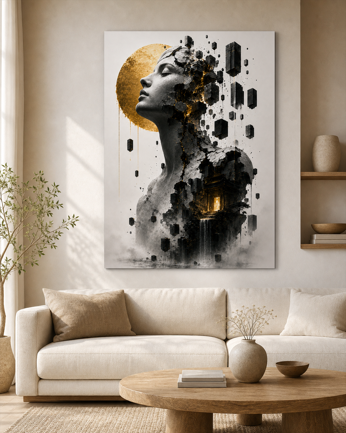 Kintsugi Frau mit japanischem Tempel | Alu-Dibond Wandbild