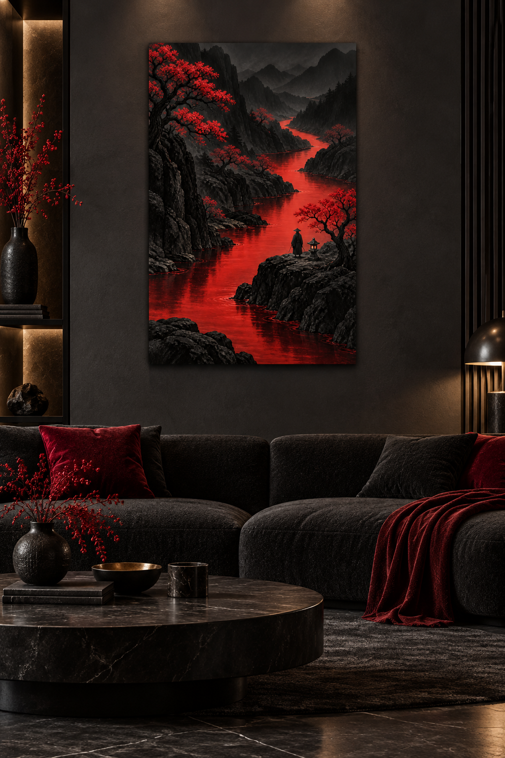 Roter Fluss durch schwarze Berge – Alu-Dibond Wandbild