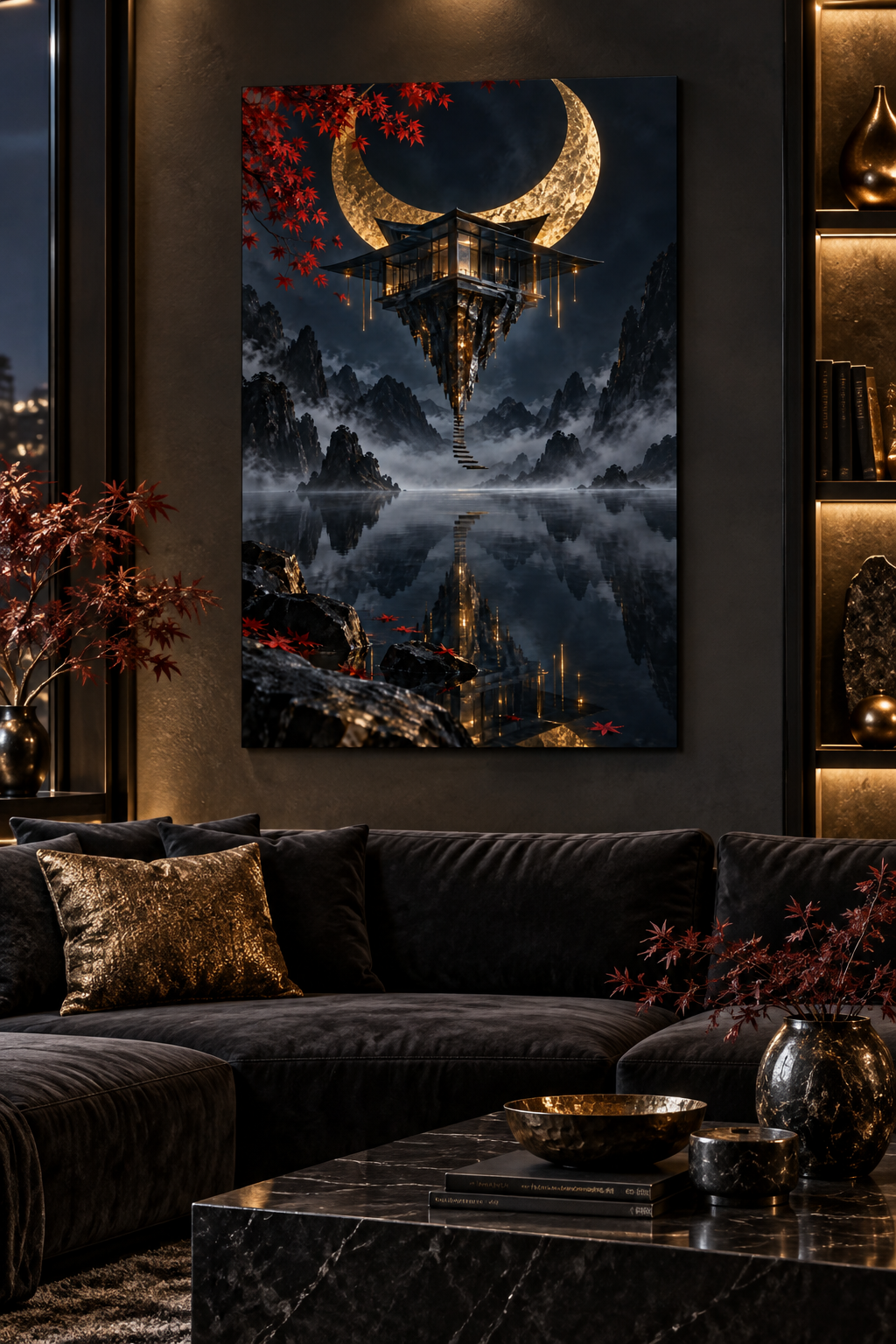 Schwebender Tempel unter Goldsichel – Alu-Dibond Bild