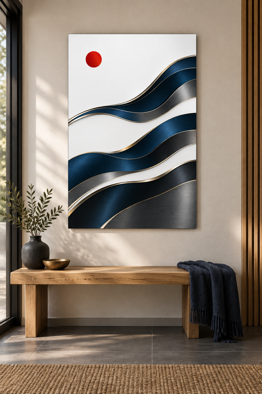 Indigowellen mit roter Sonne – Alu-Dibond Wandbild