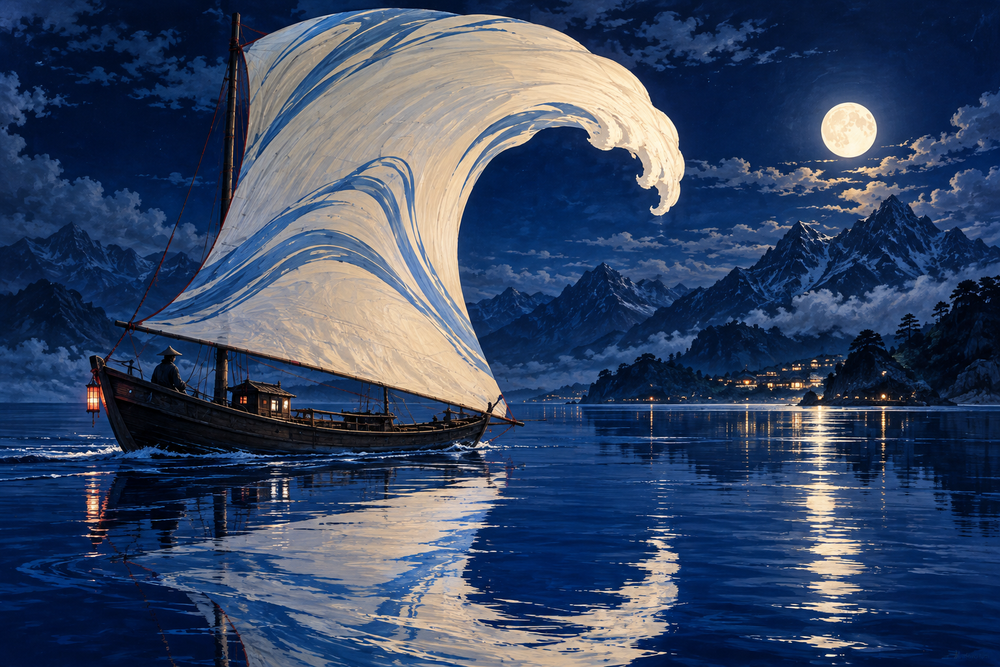 Segel als große Welle vor Vollmond – Alu-Dibond Wandbild
