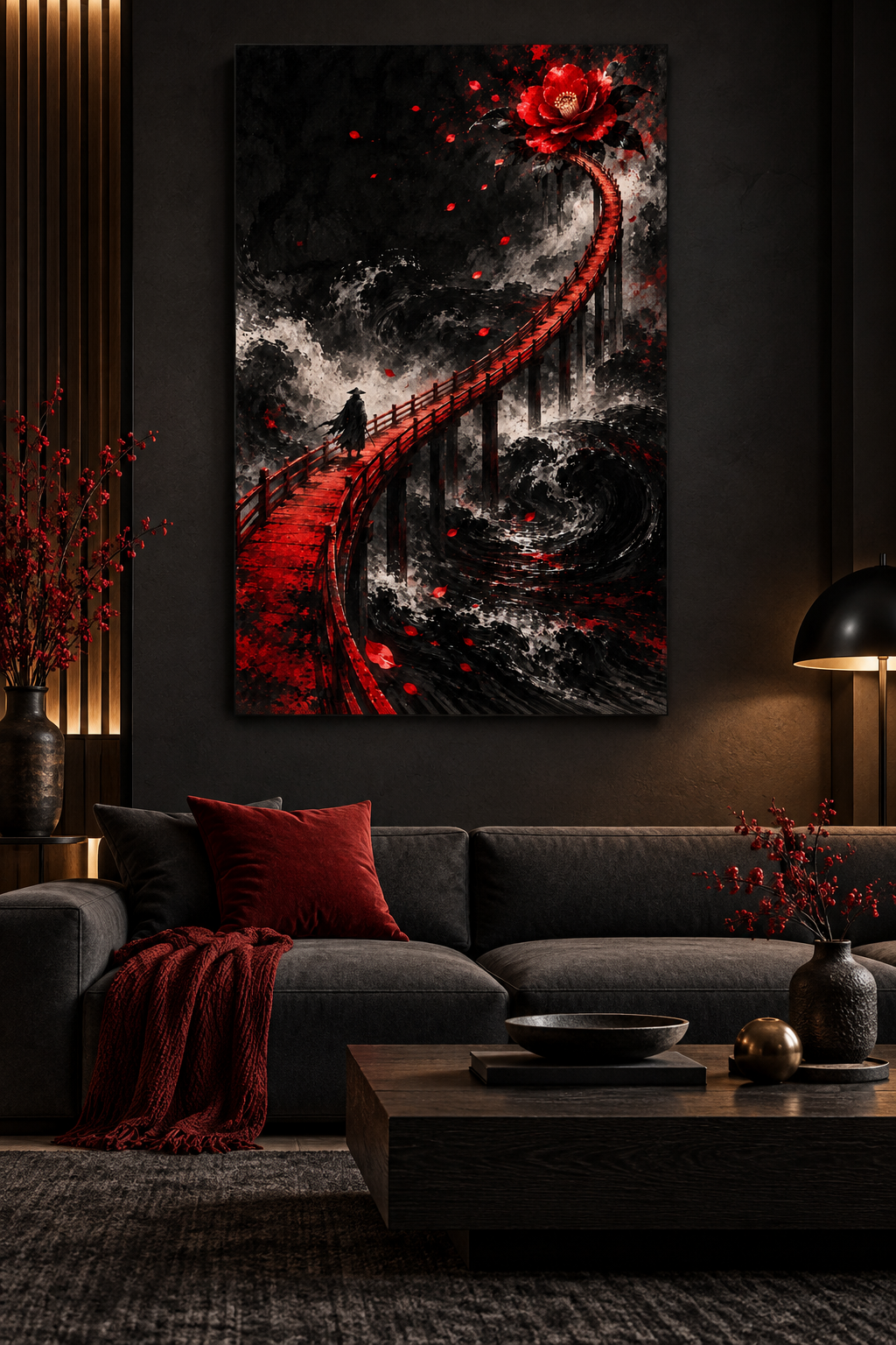 Rote Brücke ins Dunkel – Alu-Dibond Wandbild Hochformat