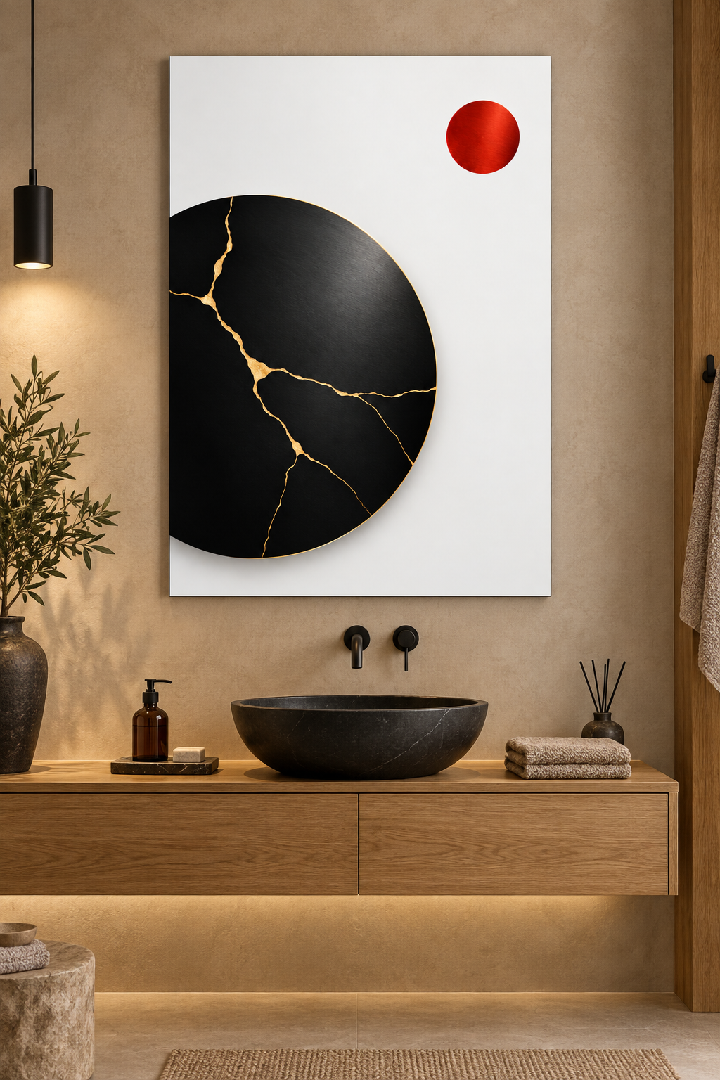 Kintsugi-Mond in Schwarz und Gold – Alu-Dibond Wandbild