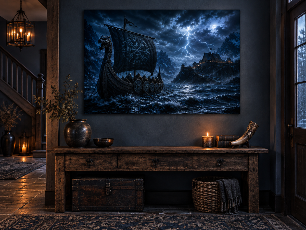 Wikingerschiff im Gewitter vor der Halle – Alu-Dibond Bild